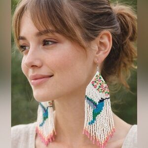 Hand Crafted Beaded Hummingbird Earrings White